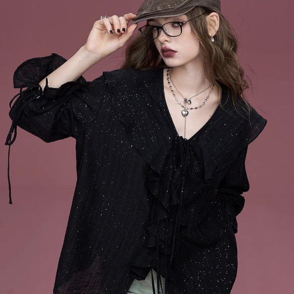 Black Chiffon Ruffle Trim Tie Front Blouse  |  Womens Shirts & Blouses Clothing Shirts & Blouses