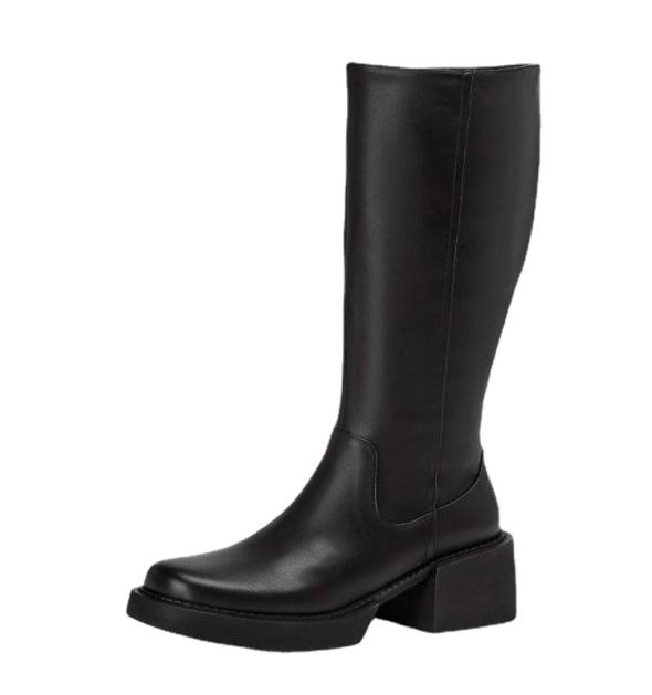 Black Chunky Heel Leather-Look Knee High Boots  |  Womens Boots Boots Boots