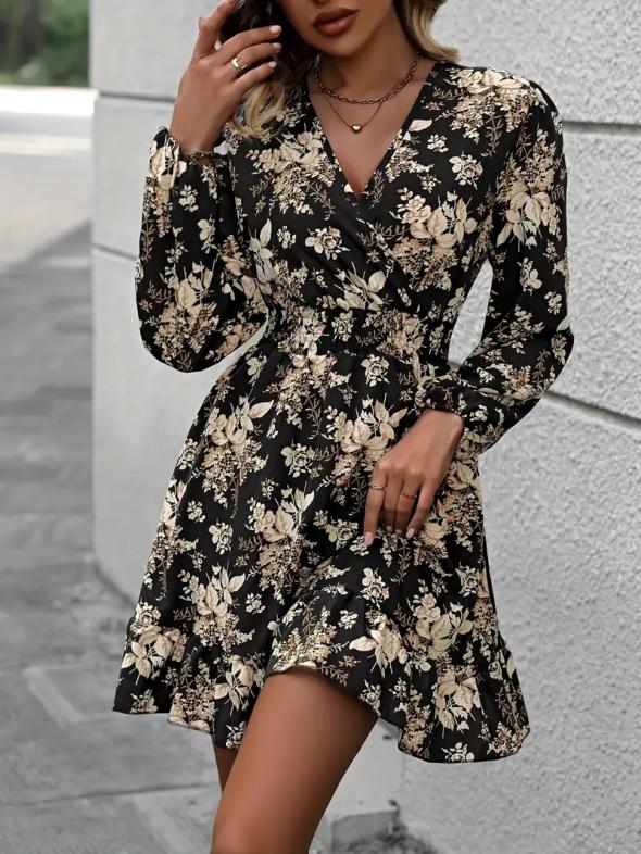 Black Floral V-Neck Long Sleeve Mini Dress  |  Womens Dresses Clothing Dresses