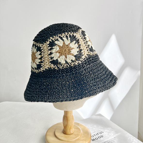 Black Flower Straw Effect Packable Bucket Hat  |  Womens Hats Accessories Hats