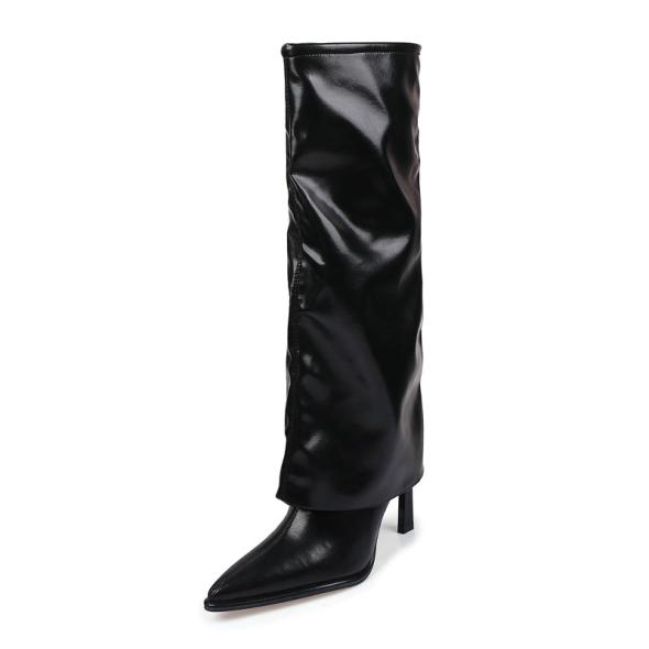 Black Foldover Leather Look Knee High Boots  |  Womens Boots Boots Boots