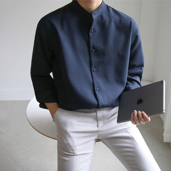 Black Grandad Collar Long Sleeve Shirt  |  Mens Tailoring & Suits Clothing Mens