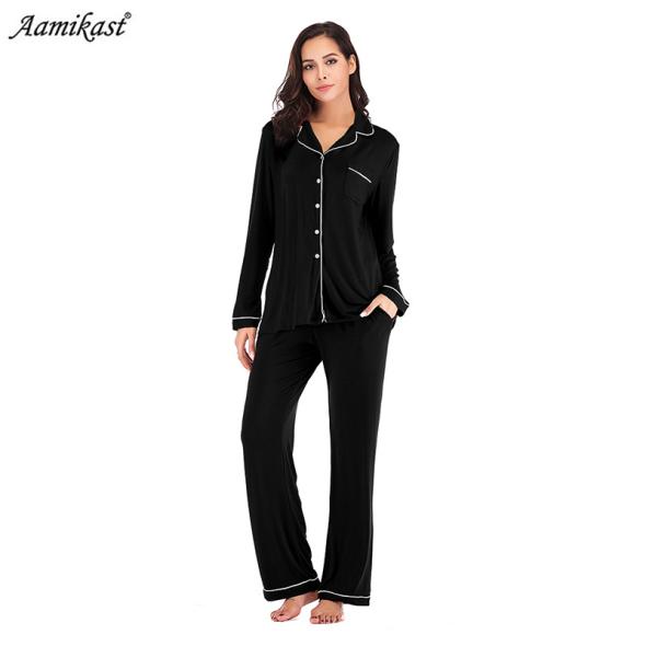 Black Jersey Shirt Trouser Pyjama Set  |  Womens Nightwear Clothing Nightwear