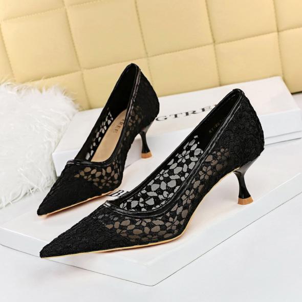 Black Lace Stiletto Heel Court Shoes  |  Womens Heels Heels Heels