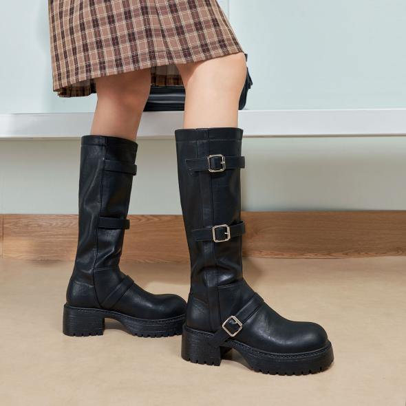 Black Leather-Look Chunky Biker Boots  |  Womens Boots Boots Boots