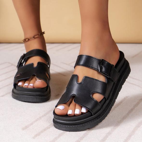 Black Leather-Look Chunky Sliders  |  Womens Flats Flats Flats