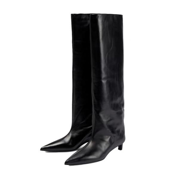 Black Leather Look Kitten Heel Knee High Boots  |  Womens Boots Boots Boots