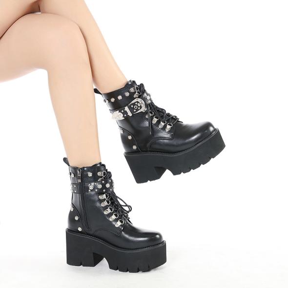 Black Leather-Look Lace Up Chunky Boots  |  Womens Boots Boots Boots