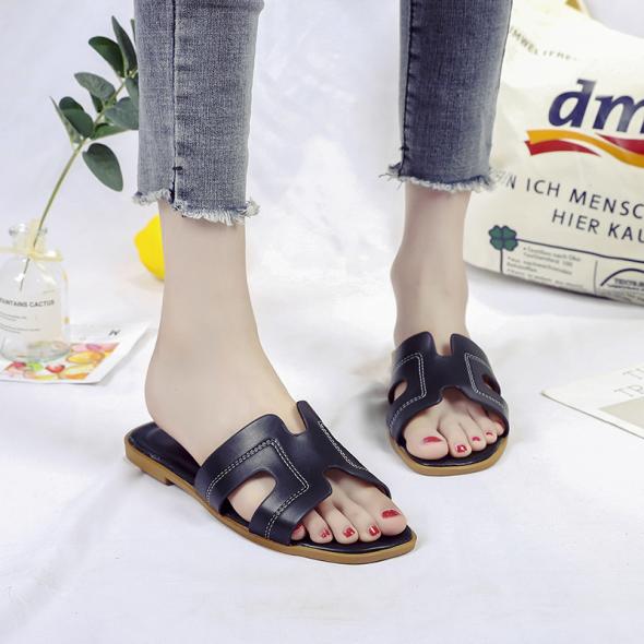 Black Leather-Look Sliders  |  Womens Flats Flats Flats