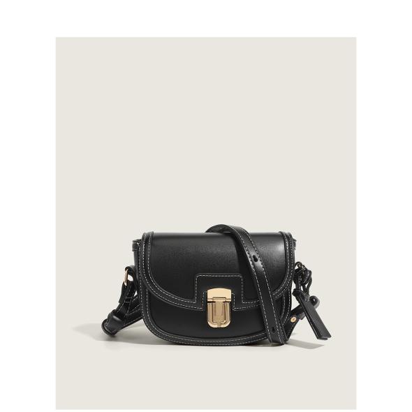 Black Leather Look Top Stitch Crossbody Saddle Bag  |  Womens Bags Accessories Bags