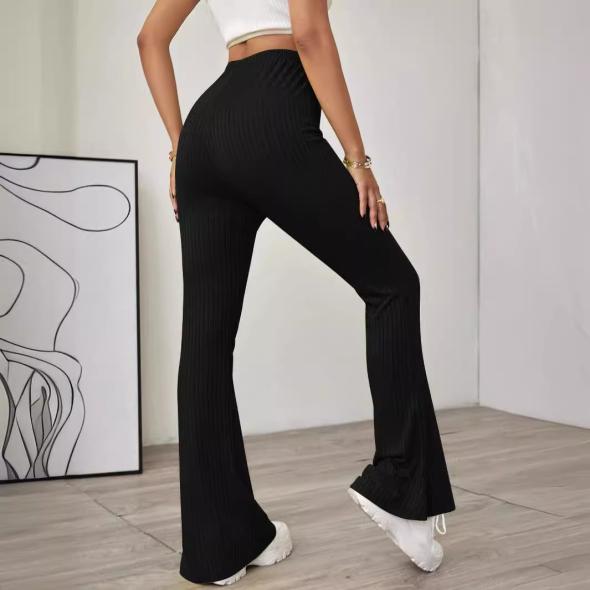 Black Ribbed Folded Waist Flared Trousers  |  Womens Trousers Clothing Trousers