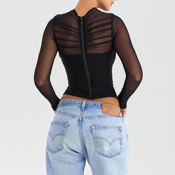 Black Ruched Front Mesh Long Sleeve Top  |  Womens Tops Clothing Tops