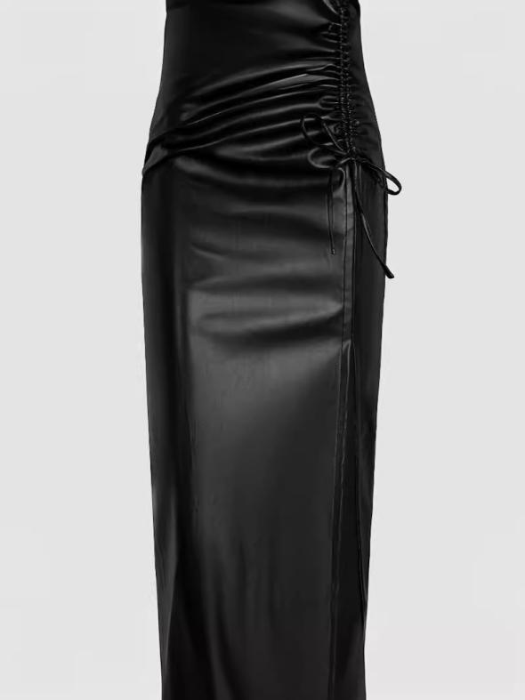 Black Ruched Leather-Look Midi Skirt  |  Womens Skirts Clothing Skirts