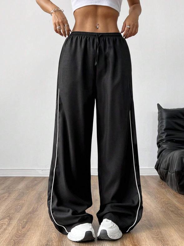 Black Side Stripe Satin Wide Leg Trousers  |  Womens Trousers Clothing Lounge & Sports