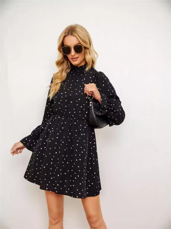 Black Spotted Crinkle Funnel Neck Mini Dress  |  Womens Dresses Clothing Dresses