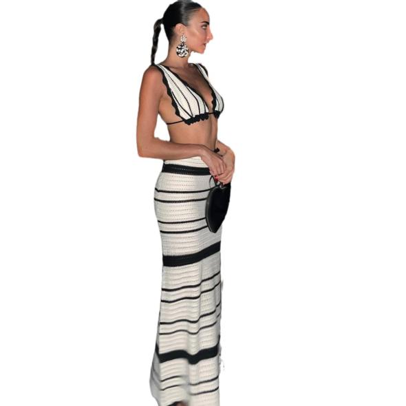 Black Striped Crochet Beach Maxi Skirt  |  Womens Co-Ords Clothing Co-Ords