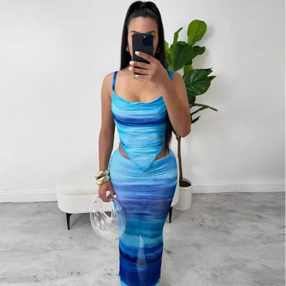 Blue Bandeau Mesh Split Hem Midi Dress  |  Womens Going Out Clothing Going Out