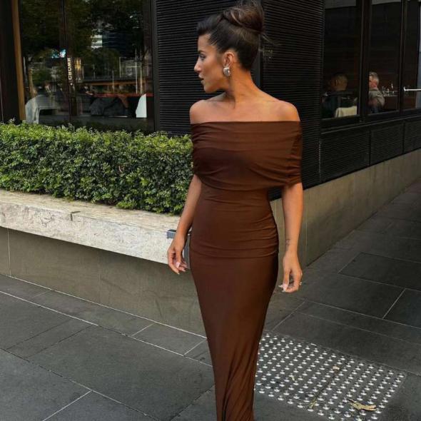 Brown Bardot Off Shoulder Midi Dress  |  Womens Dresses Clothing Dresses