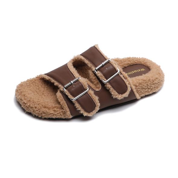 Brown Borg Buckled Double Strap Slider Slippers  |  Womens Flats Flats Flats