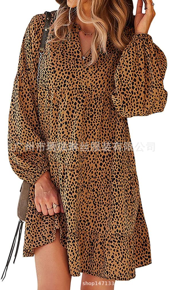 Brown Chiffon Leopard Print Mini Smock Dress  |  Womens Dresses Clothing Dresses