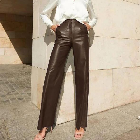 Brown Leather-Look Wide Leg Culotte Trousers  |  Womens Trousers Clothing Trousers