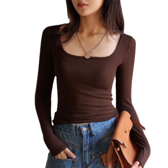 Brown Square Neck Long Sleeve Top  |  Womens Basics Basics Basics