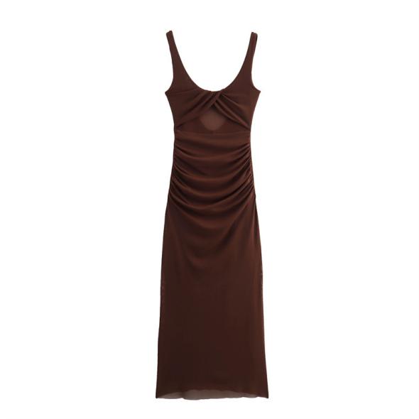 Brown Square Neck Ruched Midi Dress  |  Womens Going Out Clothing Going Out