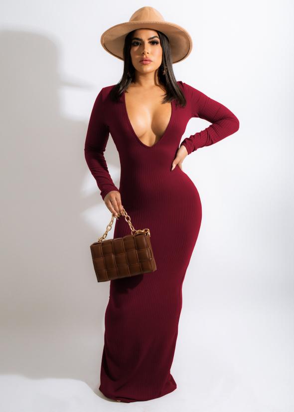 Burgundy Asymmetric Neck Bodycon Long Sleeve Dress  |  Womens Dresses Clothing Dresses