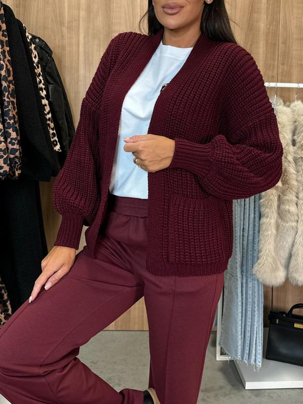 Burgundy Balloon Sleeve Chunky Knit Cardigan  |  Womens Jumpers & Cardigans Clothing Jumpers & Cardigans