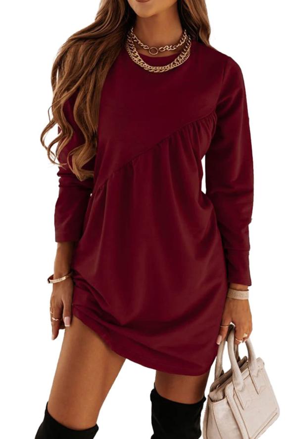 Burgundy Long Sleeve Smock Mini Dress  |  Womens Dresses Clothing Dresses