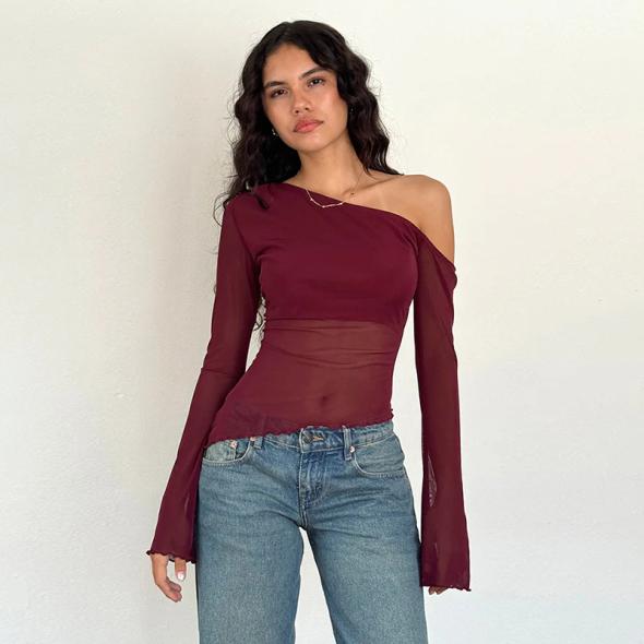 Burgundy Ruched Mesh One Shoulder Long Sleeve Crop Top  |  Womens Tops Clothing Tops