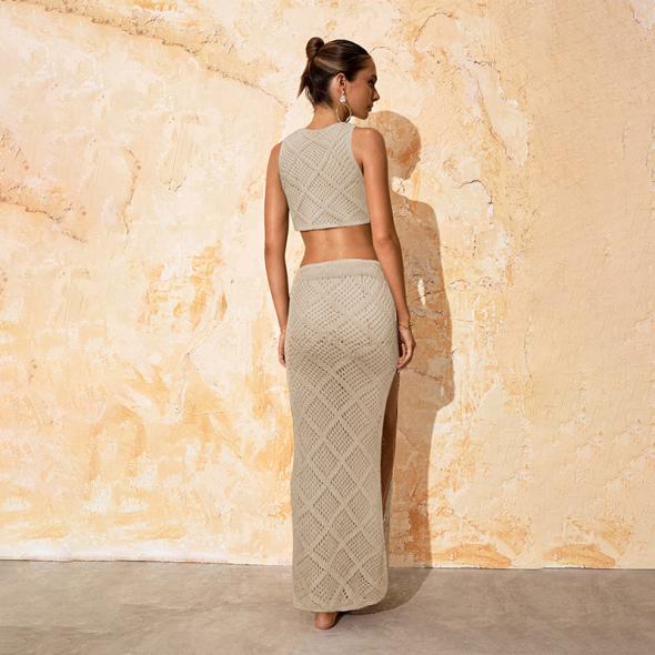 Cream Crochet Split Hem Maxi Skirt  |  Womens Co-Ords Clothing Co-Ords