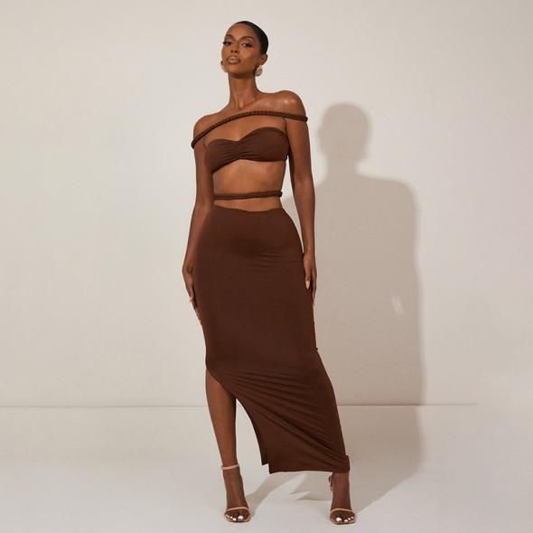 Dark Brown Asymmetric Split Hem Maxi Skirt  |  Womens Co-Ords Clothing Co-Ords