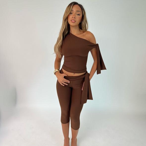 Dark Brown One Shoulder Crop Top  |  Womens Co-Ords Clothing Co-Ords