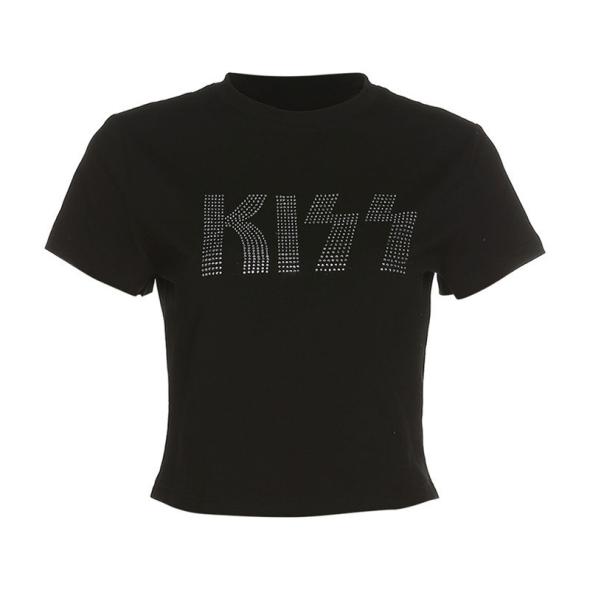 Dark Grey Diamante Acid Wash Kiss T-Shirt  |  Womens Tops Clothing Tops