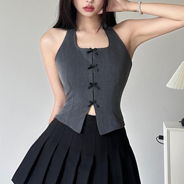 Dark Grey Strappy Bow Detail Crop Top  |  Womens Going Out Clothing Going Out