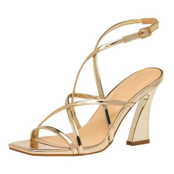 Gold Strappy Block Heel Sandals  |  Womens Heels Heels Heels