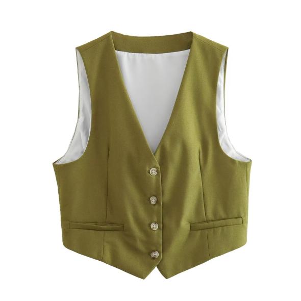 Green Linen Blend Button Front Waistcoat  |  Womens Waistcoats Clothing Waistcoats