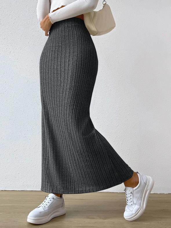 Grey Brushed Ribbed Midi Skirt  |  Womens Skirts Clothing Skirts