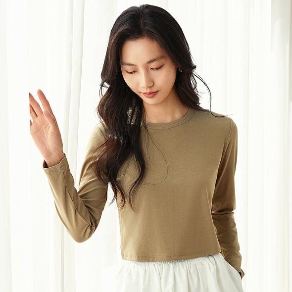 Khaki Ribbed Crew Neck Long Sleeved Top  |  Womens Basics Basics Basics