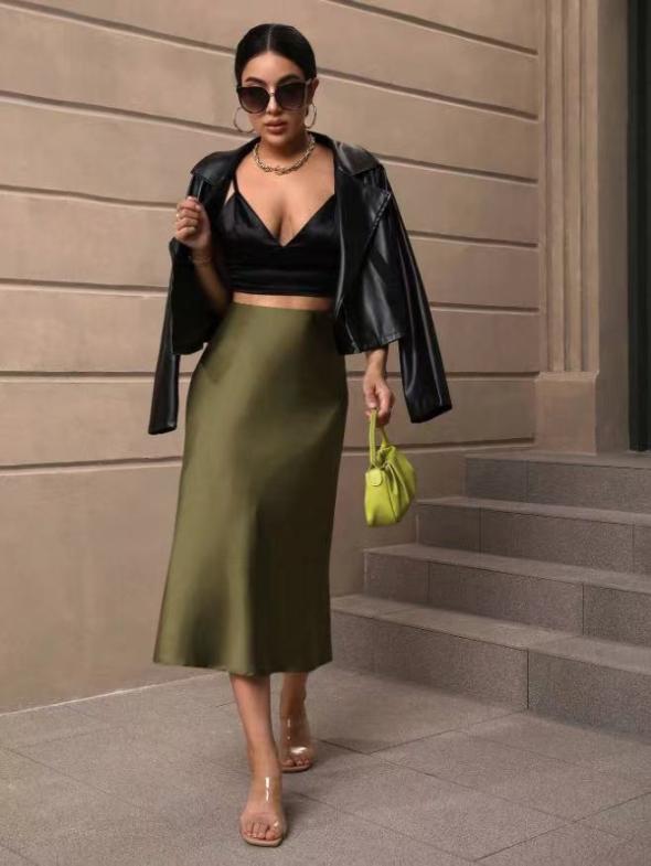 Khaki Satin Midi Skirt  |  Womens Skirts Clothing Skirts