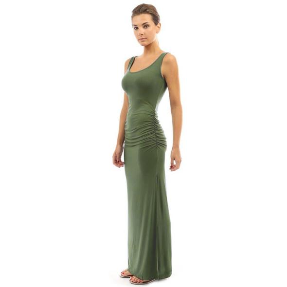 Khaki Square Neck Ruched Midi Dress  |  Womens Dresses Clothing Dresses