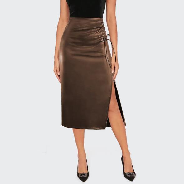 Mink Ruched Leather-Look Midi Skirt  |  Womens Skirts Clothing Skirts