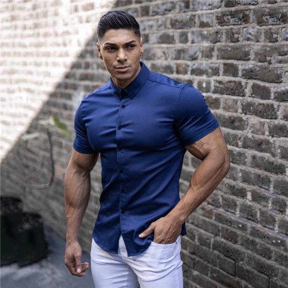 Navy Poplin Short Sleeve Muscle Fit Shirt  |  Mens Shirts Clothing Mens