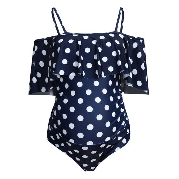 Navy Spot Frill Bardot Swimsuit  |  Womens Swimwear & Beachwear Clothing Swimwear & Beachwear