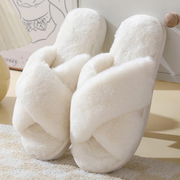 Off White Faux Fur Twisted Strap Slippers  |  Womens Nightwear Clothing Nightwear