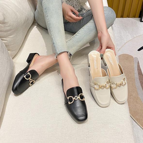 Off White Leather-Look Chain Trim Mule Loafers  |  Womens Loafers Loafers Loafers