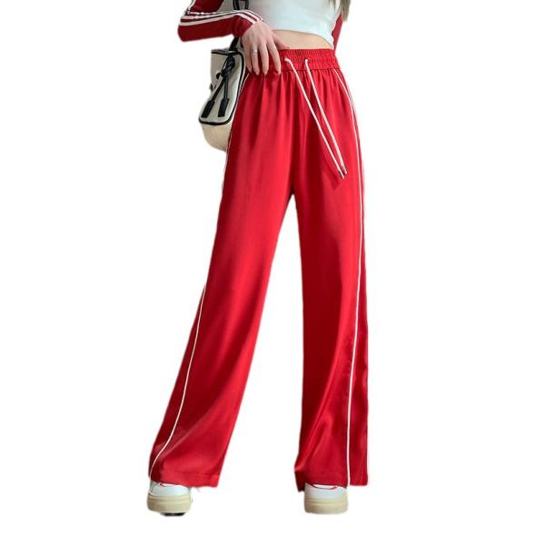 Red Side Stripe Satin Wide Leg Trousers  |  Womens Trousers Clothing Trousers