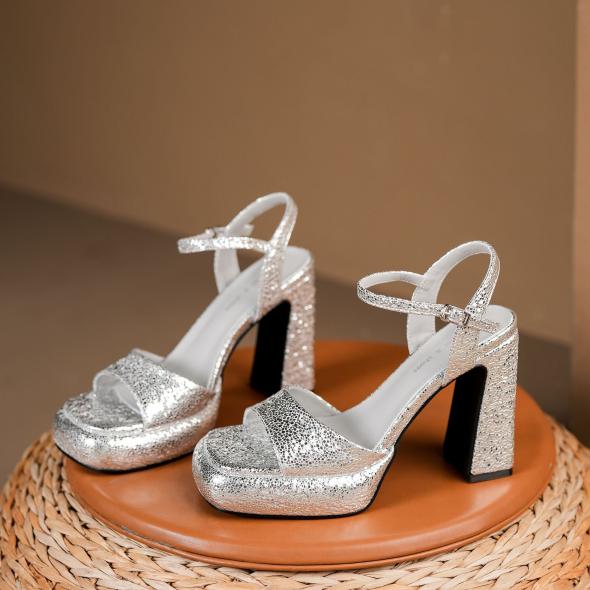 Silver Glitter 2 Part Block Heel Sandals  |  Womens Heels Heels Heels