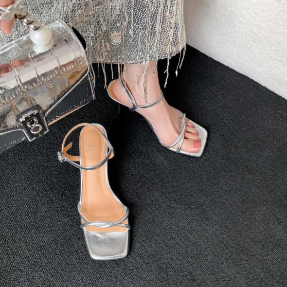 Silver Leather-Look Open Square Toe Kitten Heel Sandals  |  Womens Sandals Sandals Sandals